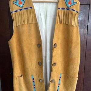 Mustard Suede Vest with Fringe and Embroidery